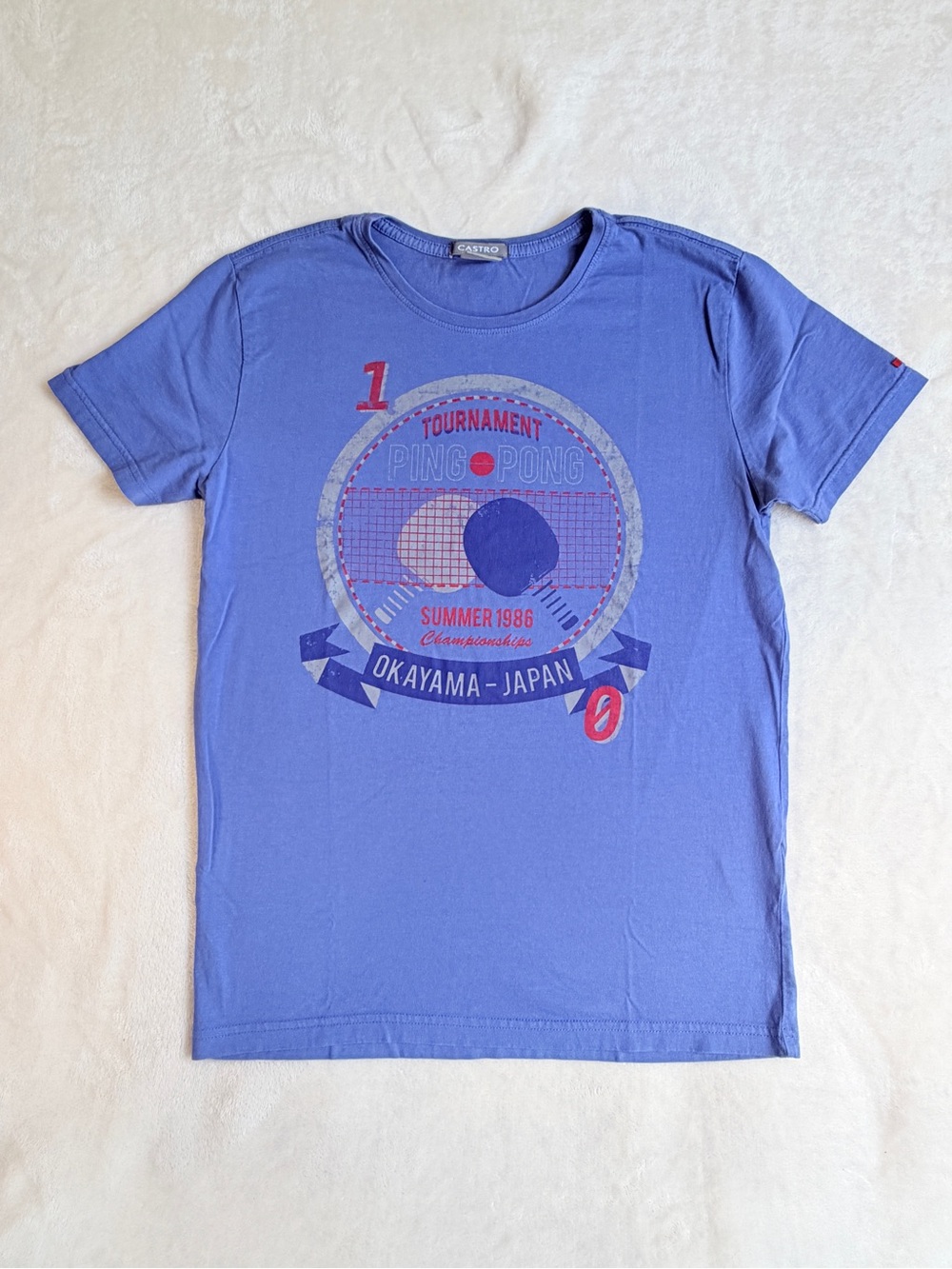 Castro Men's retro Style Blue Ping Pong Graphic Short Sleeve Tee